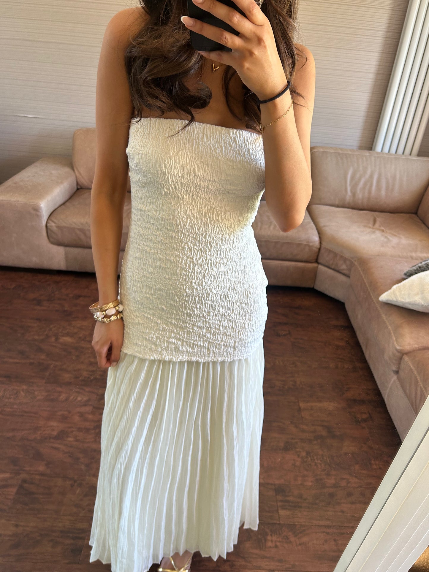 Pleated Bandeau Cream Maxi Dress