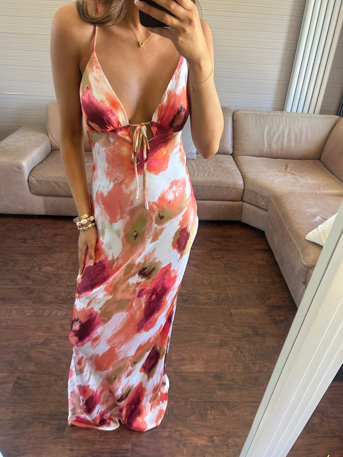 Watercolour satin maxi dress