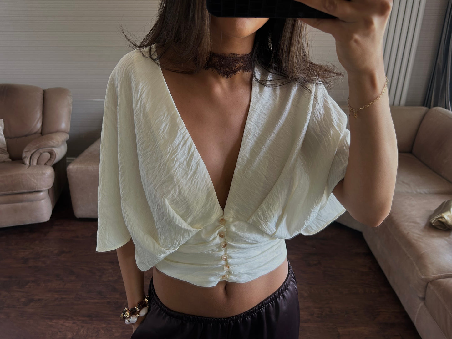 Plunge neck cropped blouse