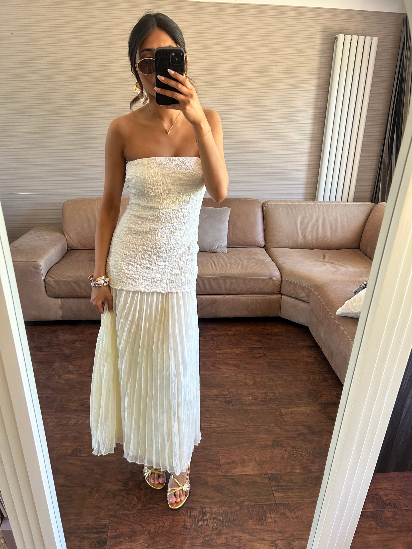 Pleated Bandeau Cream Maxi Dress