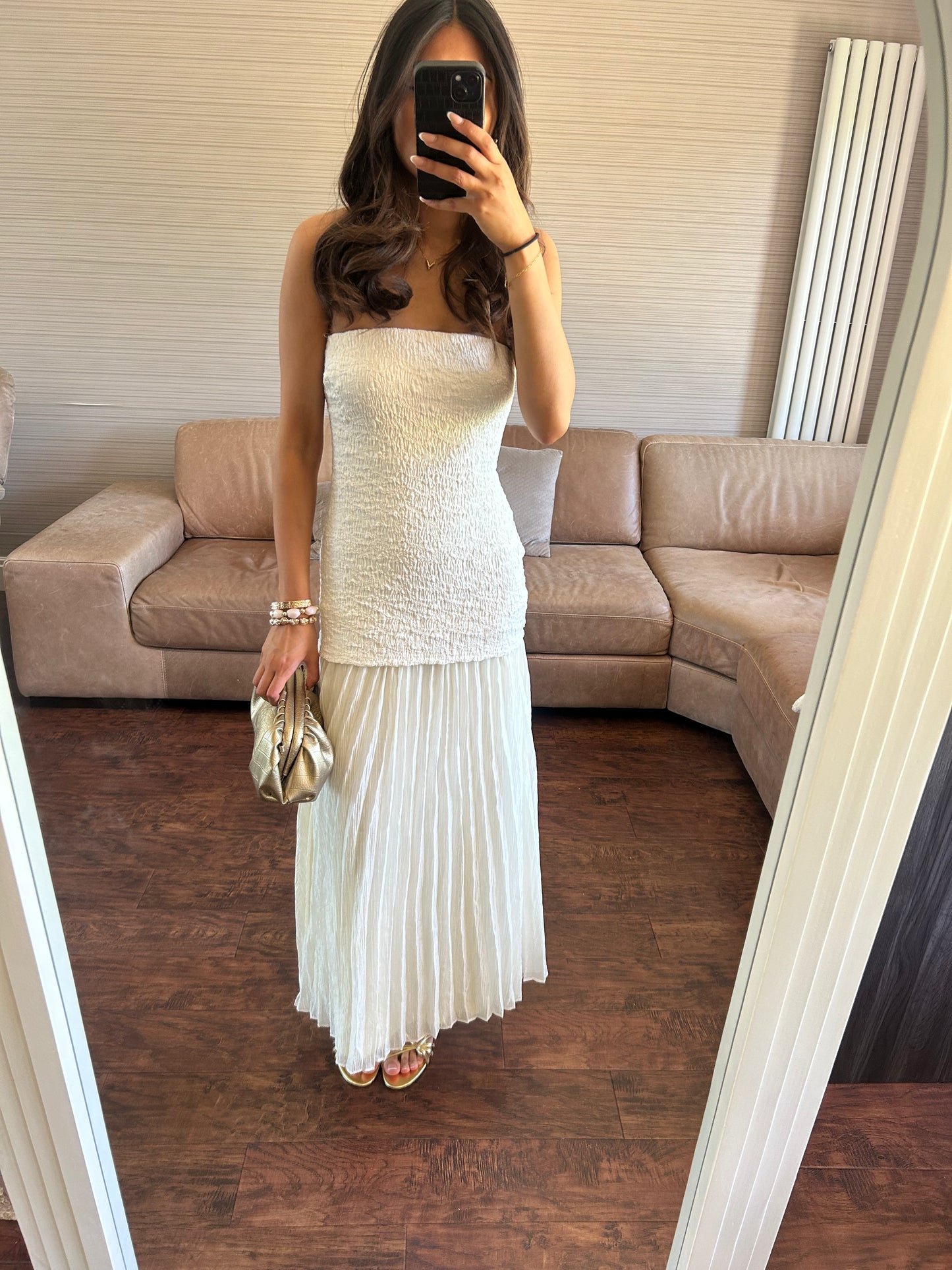 Pleated Bandeau Cream Maxi Dress