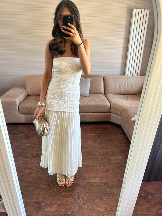 Pleated Bandeau Cream Maxi Dress
